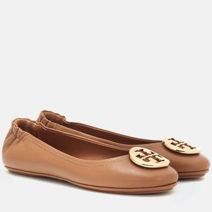 Tory Burch Leather Minnie Travel Ballet Flats Royal Tan Brown